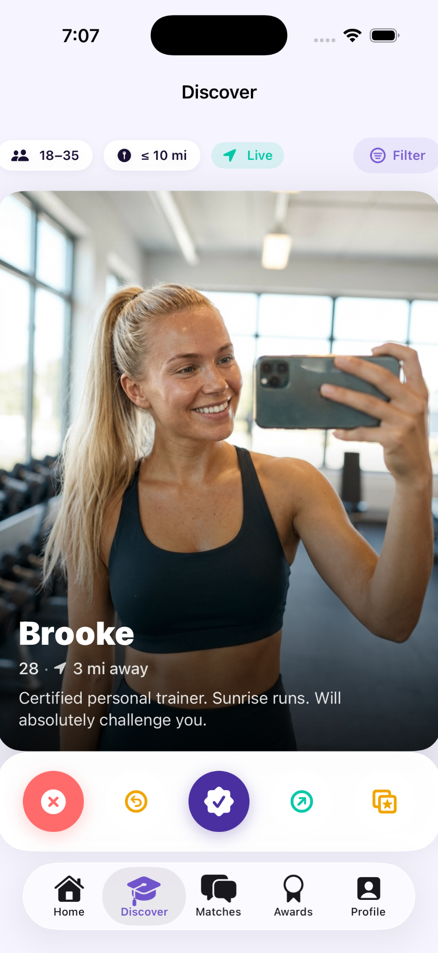 LoveJoy Discover screen showing Brooke's profile